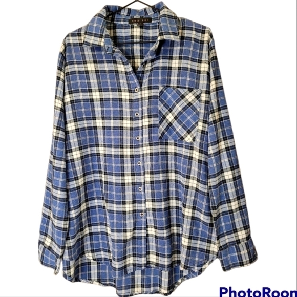 Blue plaid soft flannel tunic length long sleeve button front shirt - Picture 1 of 8